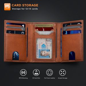 Portafoglio Trifold da Uomo con Blocco RFID in Pelle Pieno Fiore, 11 Scomparti per Carte, Finestra ID, Sottile, per Uso Quotidiano, Cuciture Durevoli, Lunga Durata - Product Image 3