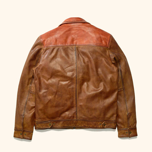 Chaqueta de cuero marrón para hombre, estilo vaquero vintage, con dobladillo bicolor y cremallera, de cuero genuino, tipo ranchero, venta al por mayor OEM - Product Image 2