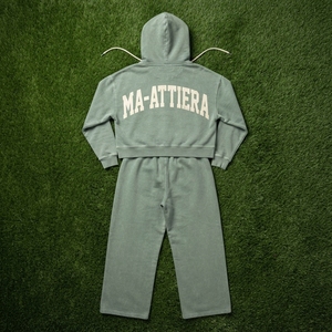 Custom Women Sage Green Acid Wash <b>Cropped</b> Hoodie <b>Jogger</b> Set Cotton Fleece Streetwear Tracksuit OEM Wholesale - Product Image 5