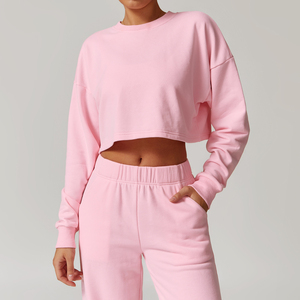 Sweat-shirt court noir à col rond pour femme, manches longues, tricoté, couleur unie, coupe oversize, idéal pour l'automne, 100 % coton - Product Image 4