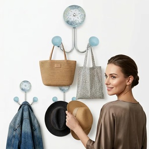 Modern <b>Wall</b> Mounted Coat Hook with Floral Design and Turquoise Ceramic Knobs 2 Hooks Metal Hooks for Clothing Storage - Product Image 2