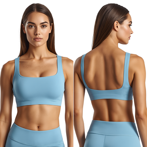 Sujetador deportivo sólido para mujer con cuello redondo y espalda cruzada, soporte medio, transpirable, sin costuras, de malla de elastano/poliamida, top de yoga y fitness. - Product Image 3