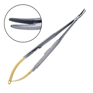 Portaagujas TC Castroviejo de 7 pulgadas, curvado, de carburo de tungsteno, instrumento microquirúrgico dental, mango dorado, manual, estriado - Product Image 1