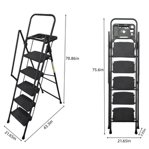 Escalera de Acero Plegable de 5 Peldaños con Pedales Anchos Antideslizantes y Pasamanos Prácticos, Bandeja para Herramientas Ligera - Product Image 4