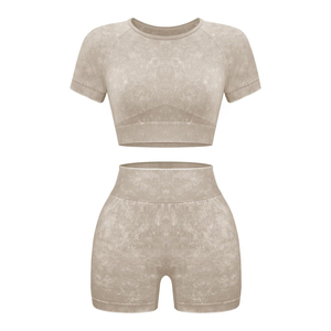 Conjunto Deportivo de 2 Piezas para Mujer, Tejido Crema, Top Corto de Manga Corta, Pantalones Cortos de Cintura Alta, Color Sólido, Transpirable, Primavera Verano - Product Image 4