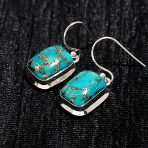 Blue Copper Turquoise 925 Sterling Silver Rectangle Cut Gemstone Hook <b>Earrings</b> December Birthstone <b>Handmade</b> Jewelry Gift for Her - Product Image 3
