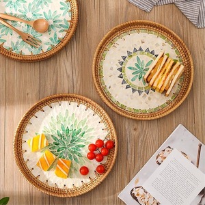 Vintage Boho Rattan Round Tray <b>Table</b> Decor Mother of Pearl Serving Tray Home Hotel Supplies Food Tray - Product Image 3