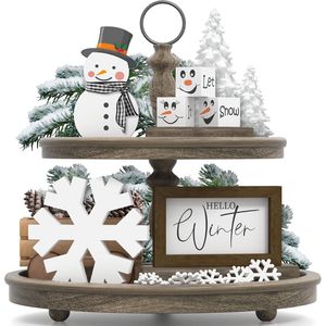 Decorazioni natalizie/invernali per vassoi a più livelli, set da 6 pezzi, con scritta 'Hello Winter', fiocchi di neve, pupazzi di neve, cartelli da tavolo 'Let IT Snow', vassoi decorativi in legno - Product Image 1