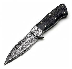 Cuchillo de Hoja Fija de Acero de Damasco Hecho a Mano con Mango de Cuerno de Ciervo Negro, Herramienta para Exteriores y Uso General - Product Image 4