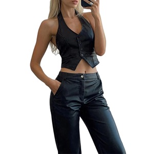 Chaleco de cuero impermeable y elegante para mujer, de lona, al por mayor, a la moda, estilo hip hop, de cuero genuino premium, con triple botonadura - Product Image 1
