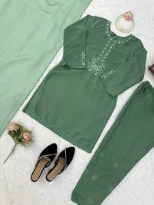 Green Embroidered Traditional Salwar Kameez Set High Neck Long Kurta Pagri for Wedding Party Diwali <b>Pakistani</b> Outfit - Product Image 6