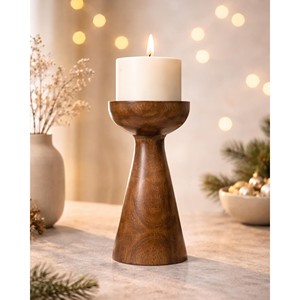 Walnut Wood Turned Spindle <b>Candle</b> Holder | Vintage Farmhouse | Wholesale - Product Image 1
