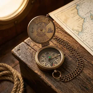 Vintage Brass <b>Compass</b> Perpetual Calendar Handmade Nautical Pocket <b>Compass</b> with <b>Chain</b> Wooden Box Antique Maritime Navigation Gift - Product Image 3