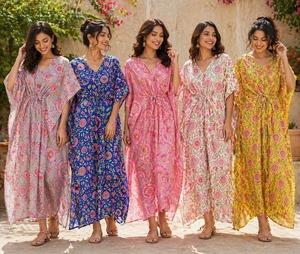 Women Designer Indian Cotton <b>Kaftan</b> Floral Block Print Long <b>Summer</b> Beachwear Party Cover Up Dress - Product Image 6