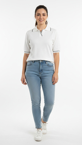 Solid Color Polo Shirt For Women Short Sleeve Slim Fit Knit Top With <b>Pants</b> Outfit Casual Wear Collar Neck Style Look - Product Image 2