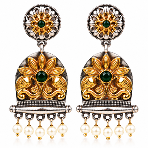 Boucles d'oreilles pendantes bohèmes florales en argent oxydé bicolore avec pierre verte sertie clos et perles pour femme - Prix de gros - Fournisseur - Product Image 6