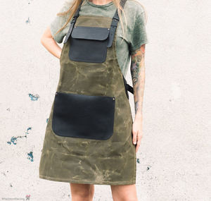 Delantal de Lona y Cuero de Lujo Resistente con Cremallera y Tirantes Cruzados Ajustables para Chef, Barista, Barbero, Carpintero, Uso en Taller LCA-0068 - Product Image 4