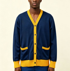 <b>Men's</b> Navy Blue And Yellow Knitted <b>Cardigan</b> V Neck Full Sleeve Button Closure Solid Color Autumn Sweater - Product Image 1