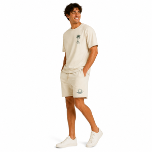 Ensemble deux pièces d'été pour homme en coton, imprimé palmiers, décontracté, col rond, tricoté, respirant, manches courtes, sérigraphié - Product Image 1
