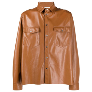Men's Brown Leather Shirt Full Sleeve Turn-<b>down</b> Collar Casual Solid Color Autumn Style - Product Image 6