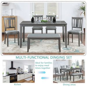 Juego de Comedor de 6 Piezas, Mesa Rectangular de Madera con 4 Sillas Tapizadas y Banco para 6 Personas, Elegante Juego de Comedor - Product Image 4