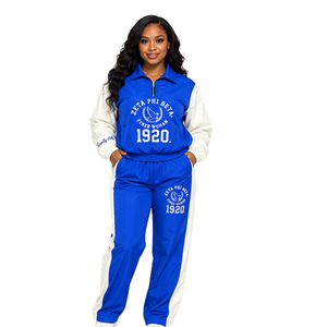 Conjunto Deportivo Zeta Phi Beta para Mujer, Azul Rey y Crema, Sudadera con Media Cremallera, Pantalones Deportivos, Estampado Dove Finer Woman 1920, Dos Piezas, Sorority - Product Image 1