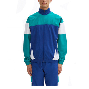 Ensemble coupe-vent sportif pour homme à col montant et blocs de couleur, en tissu polyester tricoté bleu sarcelle et blanc, en promotion en ligne - Product Image 1