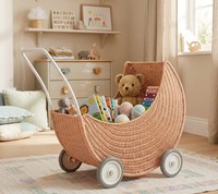 Poussette pour poupée en osier tressé à la main avec roues et poignée en métal, chariot de jeu en rotin en forme de lune pour chambre d'enfant, fabriqué au Vietnam