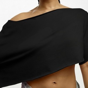 Casual Ladies One Shoulder Crop <b>Top</b> Asymmetric Solid Color Loose Fit Short Sleeve Jersey Cotton Summer Streetwear Women T-Shirt - Product Image 3
