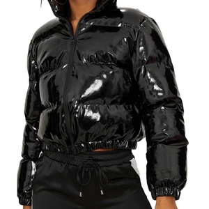 New Arrivals Women Fashion Shiny Pu <b>Reflective</b> Zip up Jacket Outwear Ladies <b>Top</b> With Hood - Product Image 1