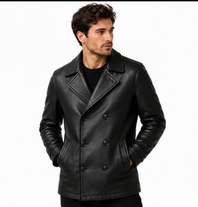 Veste en cuir véritable pour homme, double boutonnage, coupe ajustée, col rabattu, couleur unie, style décontracté chic, vêtements d'automne - Product Image 5