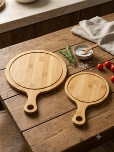 Plateau de service à pizza en bambou naturel, plateau rond en bois avec poignée pour servir pizza, pain, fromage - Product Image 4