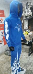 Ensemble de survêtement unisexe bleu 100 % coton, coupe droite, style streetwear, 2-en-1, sweat à capuche et pantalon long, séchage rapide, léger - Product Image 4