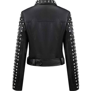 Women Studded Leather <b>Jacket</b> <b>Punk</b> Biker Black Motorcycle <b>Jacket</b> PU Genuine Leather Custom Logo OEM Wholesale Supply - Product Image 2