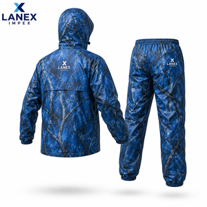 Blue Real Tree Sublimation Men's <b>Waterproof</b> Jungle Camouflage Hooded Rain Suit <b>Jacket</b> and Pants Set Outdoor Sporty Style Winter - Product Image 3