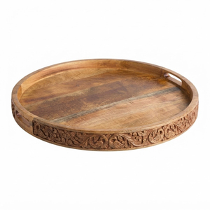 Plateau de service vintage en bois sculpté à la main, plateau rond en bois de manguier, plateau décoratif pour table basse avec poignées pour fournitures de fête - Product Image 1