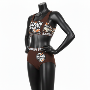 ชุดบิกินี่ผู้หญิงแบบพรีเมียม ผ้าโพลีเอสเตอร์ผสมสแปนเด็กซ์ สีน้ำตาลส้ม ลายพิมพ์แบบซับลิเมชั่น พร้อมโลโก้สั่งทำพิเศษ - Product Image 4