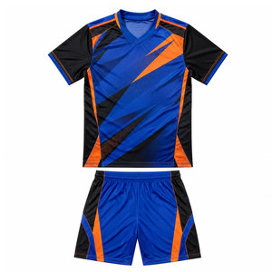 ชุดเสื้อฟุตบอลสีน้ำเงินส้มดำแบบซับลิเมชั่นพร้อมกางเกงขาสั้น ชุดยูนิฟอร์มฟุตบอลสำหรับผู้ใหญ่ ผ้าโพลีเอสเตอร์ระบายอากาศ ตรวจจับรอยขาดด้วยเข็ม - Product Image 1
