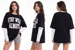 100% Cotton Double Layer T Shirt Ladies Boxy Tee <b>Top</b> Oversized Long Sleeve T-Shirts Women Custom Embroidered Dual Sleeve Tee - Product Image 6