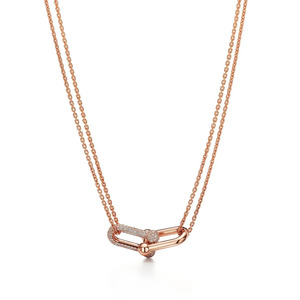 18K Yellow Gold Lab Grown Diamond Large Double Link Pendant <b>Necklace</b> with Pave Diamond for Women Adjustable <b>Statement</b> Jewelry - Product Image 2