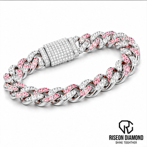 สร้อยข้อมือคิวบาลิงค์พรีเมียม สีชมพูและสีขาว ประดับเพชรแล็บโกรว์แบบพาเว่ ตัวล็อกแบบกล่อง ดีไซน์หรูหรา ทันสมัย - Product Image 2