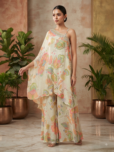 Conjunto de Top Kaftan Asimétrico de un Solo Hombro con Estampado Floral Pastel y Pantalones Palazzo Acampanados - Product Image 1
