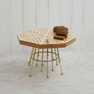 Octagonal <b>Top</b> Wood Resin Cake Stand Geometric Inlay Dessert Platter With Metal Gold Wire Cage Pedestal Base For Party Decor - Product Image 1