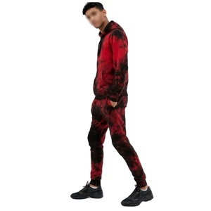Mens <b>Red</b> and Black Tie Dye Polyester/Cotton Eco-Friendly <b>Hoodie</b> and Joggers with Rhinestone Detailing Custom Tracksuit - Product Image 2