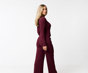Women's Burgundy Wide Leg Sweatpants High <b>Waist</b> <b>Elastic</b> Loose Fit Casual Full Length <b>Trousers</b> - Product Image 6