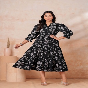 Floral Print Puff Sleeve Fit & Flare <b>Three</b>-Quarter Dress - Product Image 4