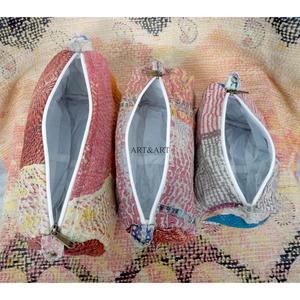 100% Pure Cotton Kantha Fabric Tassel Pattern Zipper Closure Eco-Friendly Durable Large Makeup Bag <b>Pouch</b> Set Soft Handle - Product Image 2