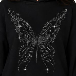 Sudadera con Capucha Extra Grande Personalizada con Pedrería Negra en Forma de Mariposa para Mujer, Sudadera con Capucha de Felpa de Algodón Premium, Informal para Invierno - Product Image 6
