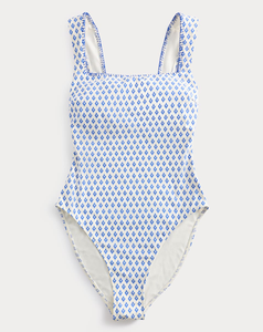 Best Quality Womens One-Piece Swimsuit Blue Geometric Print <b>Square</b> <b>Neck</b> Sleeveless Stretch Quick Dry Summer <b>Bodysuit</b> Cheap Price - Product Image 1