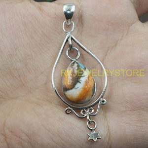 Pendentif en turquoise d'huître épineuse orange, en argent sterling 925, fait main, style bohème, en forme de goutte, bijou fantaisie, cadeau pour femme, cadeau de Noël - Product Image 5